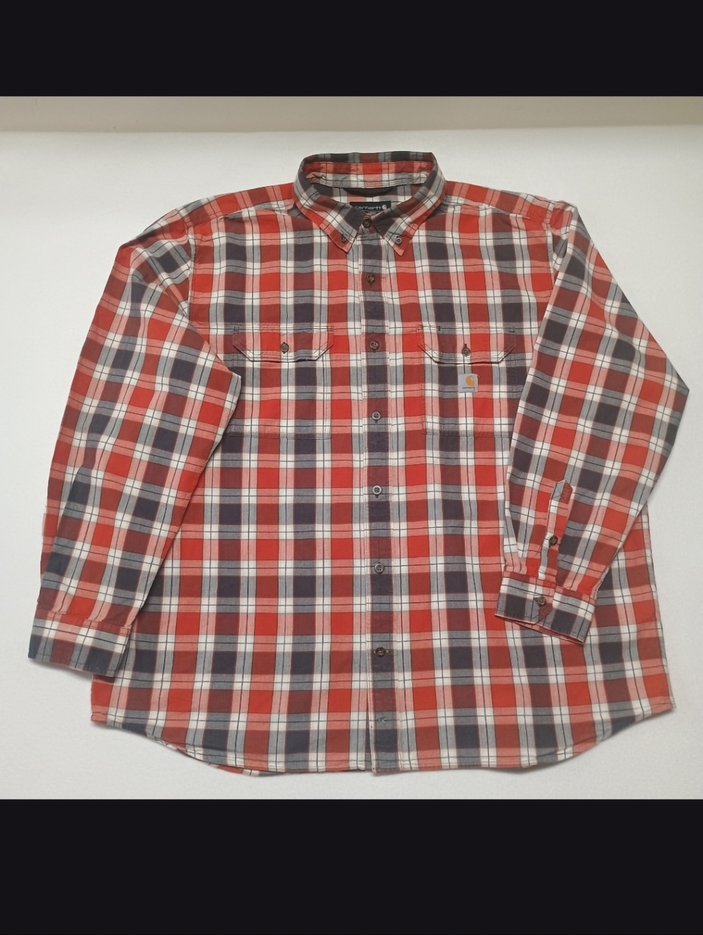 Carhartt Mens 2XL Orange Red and Gray Plaid Button-Down Shirt